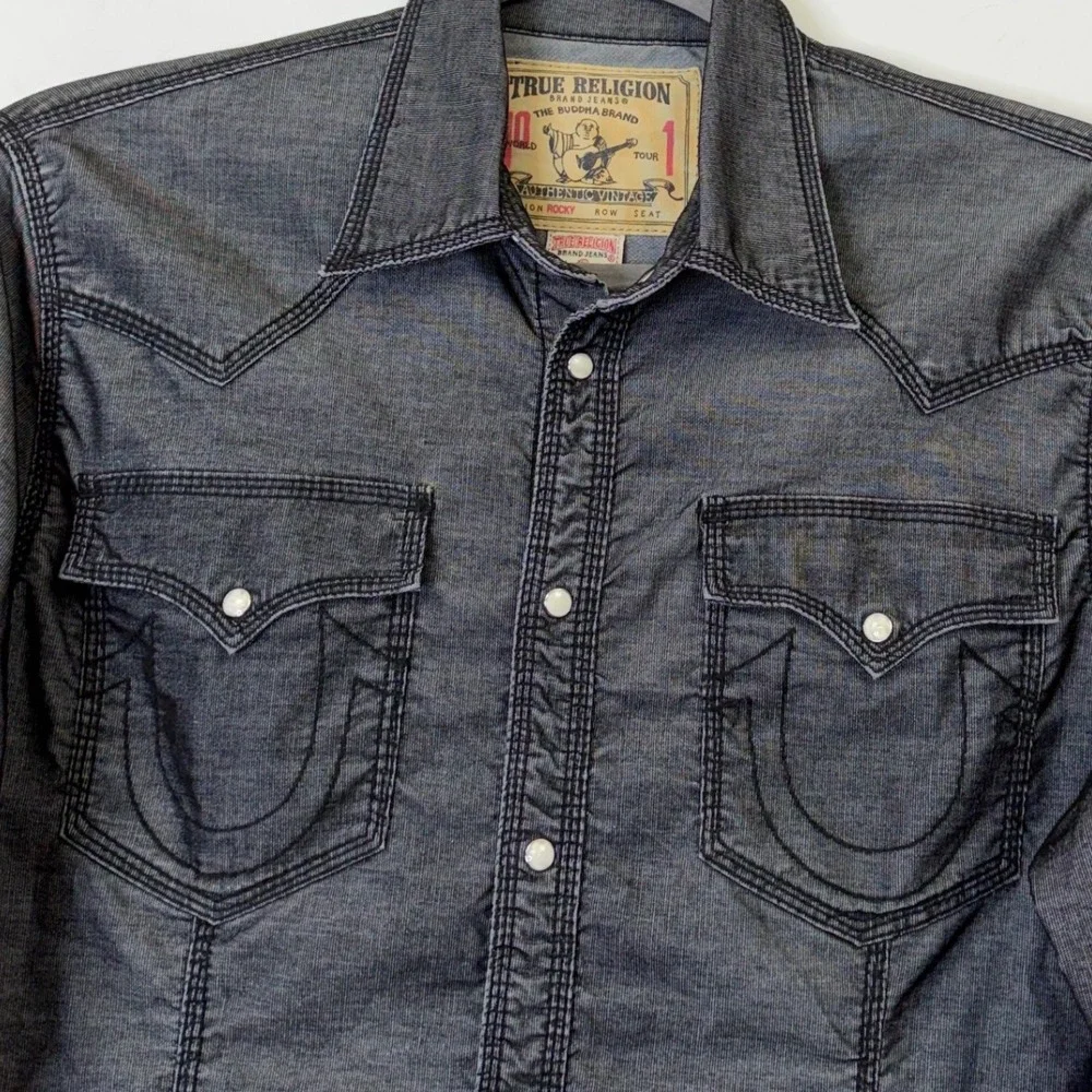 True Religion Rocky Western Pearl Snap Shirt Men's XXL Black Gray Slim Fit